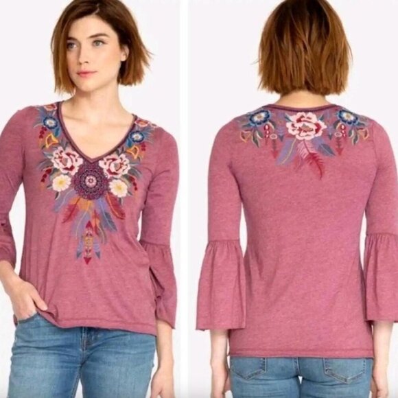 Johnny Was Tops - Johnny Was Darielle Flute Sleeve Tee Red Floral Embroidered Long Sleeve Top S